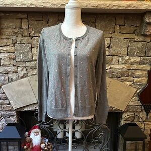 NWT Old Navy Gray Cardigan Button up Sweater with Pink Dots Size Large Petite